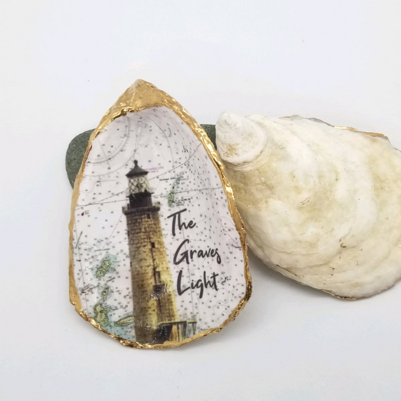 Graves Light Oyster Shell Art - Original Design with NOAA Chart - Attractively Gift Boxed