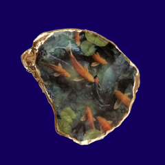 Good Luck Koi Pond displayed in Oyster Shell - Ring/Trinket Dish - Attractively Gift Boxed.