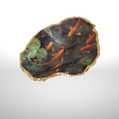 Good Luck Koi Pond displayed in Oyster Shell - Ring/Trinket Dish - Attractively Gift Boxed.