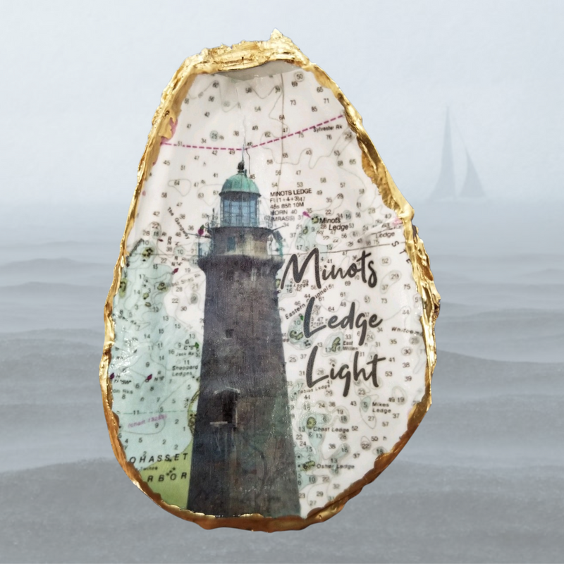 Minots Ledge Light Oyster Shell Art - 143 - Lighthouse Oyster Shell - Ring/Trinket Dish - Hostess Gift - Lighthouse Lovers